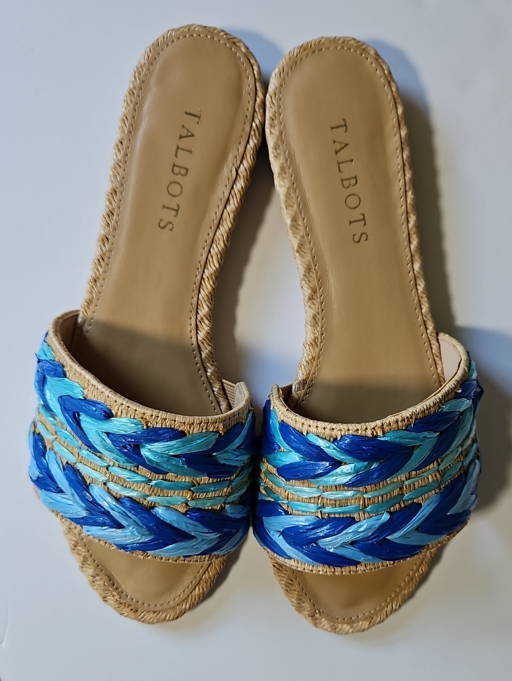 Talbots Blue Keri Raffia Slide Sandals 6.5 Leather Sole Coastal Resort Beachy